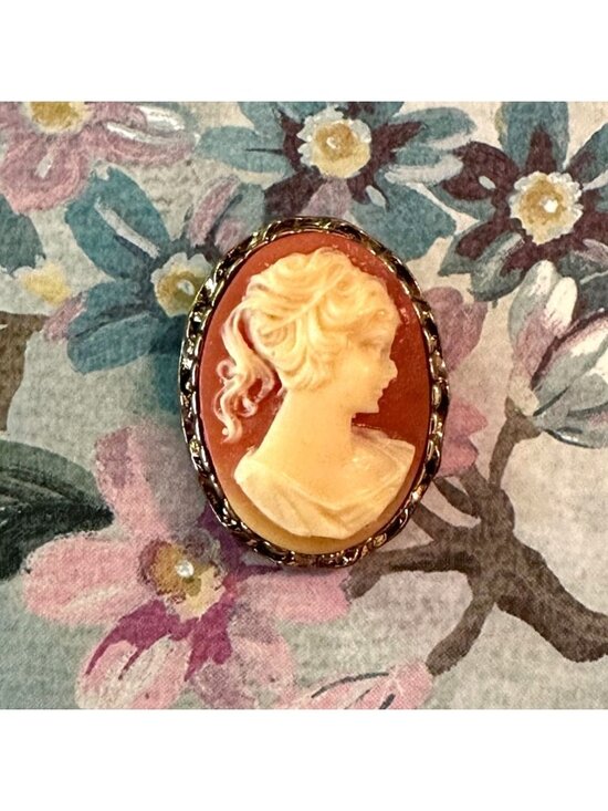 Vintage Jewelry - Vintage Gold-Tone Cameo Brooch With Intricate Resin Portrait And Ornate Backing